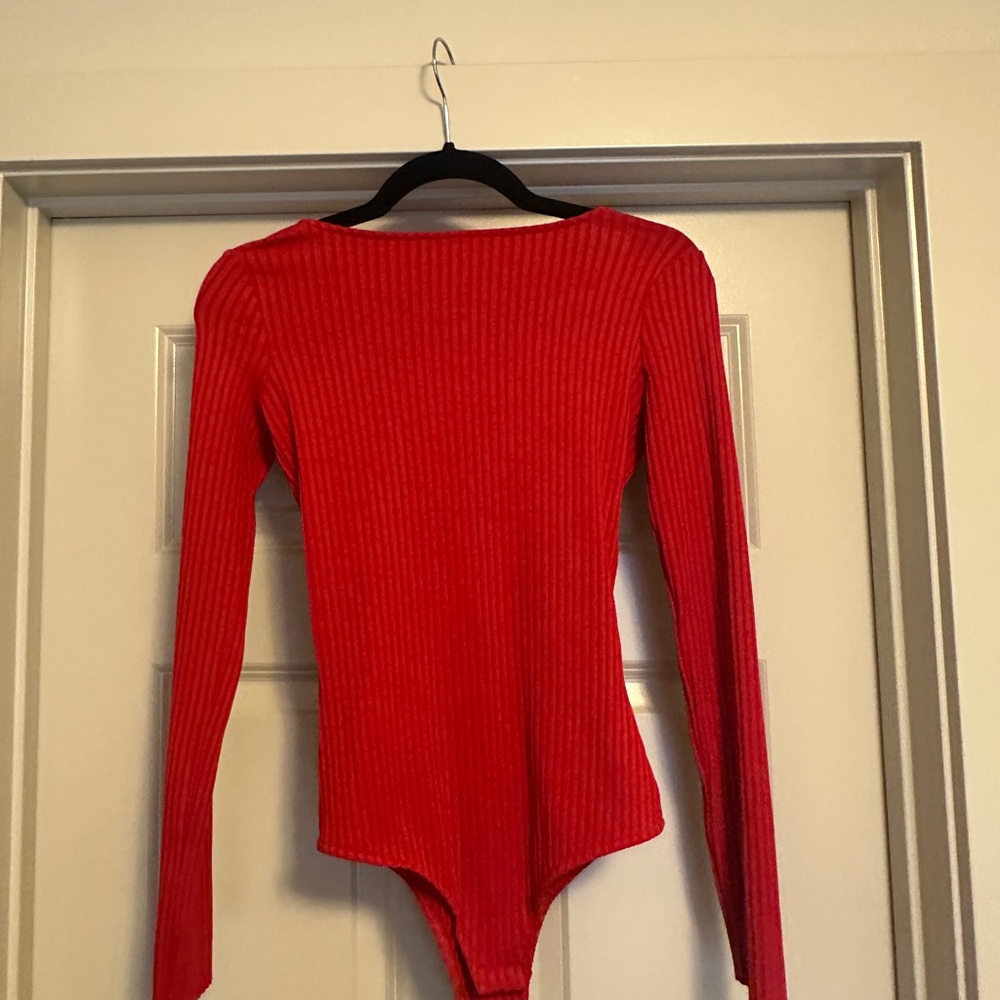 Zara Red Ribbed Open Back Long sleeve Bodysuit